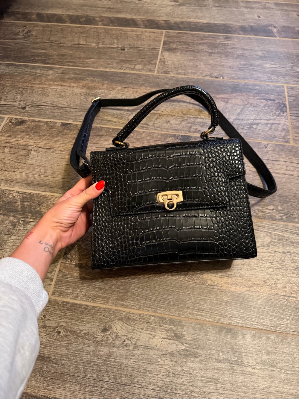 Croc-Embossed Black Top-Handle Satchel with Gold Clasp